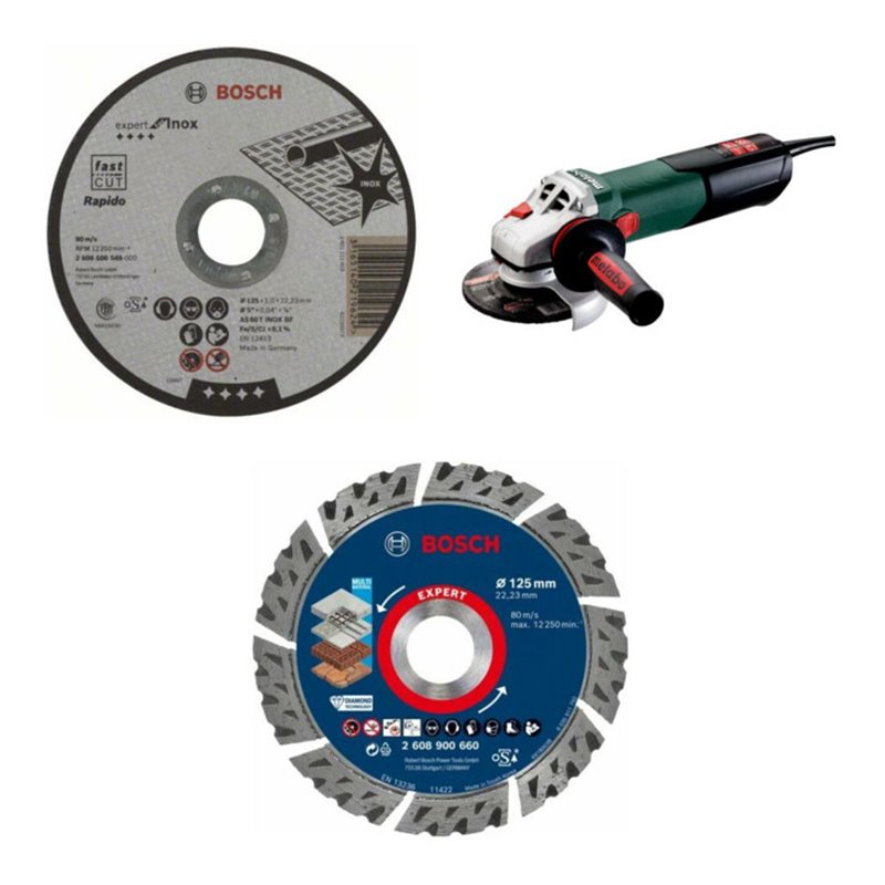 Metabo Winkelschleifer WEV 17-125 Quick & Schnellspannmutter – 3-teiliges Set mit Bosch 1 mm Trennscheibe, X-LOCK Diamanttrennsc