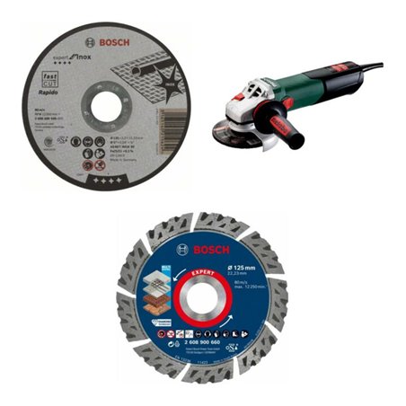 Metabo Winkelschleifer WEV 17-125 Quick & Schnellspannmutter – 3-teiliges Set mit Bosch 1 mm Trennscheibe, X-LOCK Diamanttrennsc