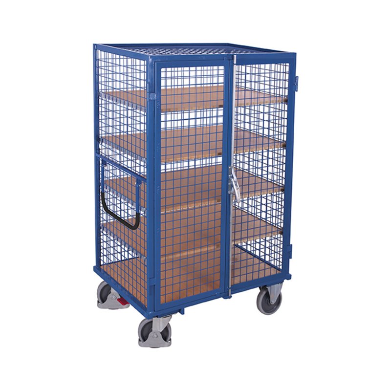 VARIOfit Etagenwagen fest verschweißt, 4 Etagenböden, Drahtgitterwände, Doppelflügeltür mit Basquille-Verschluss