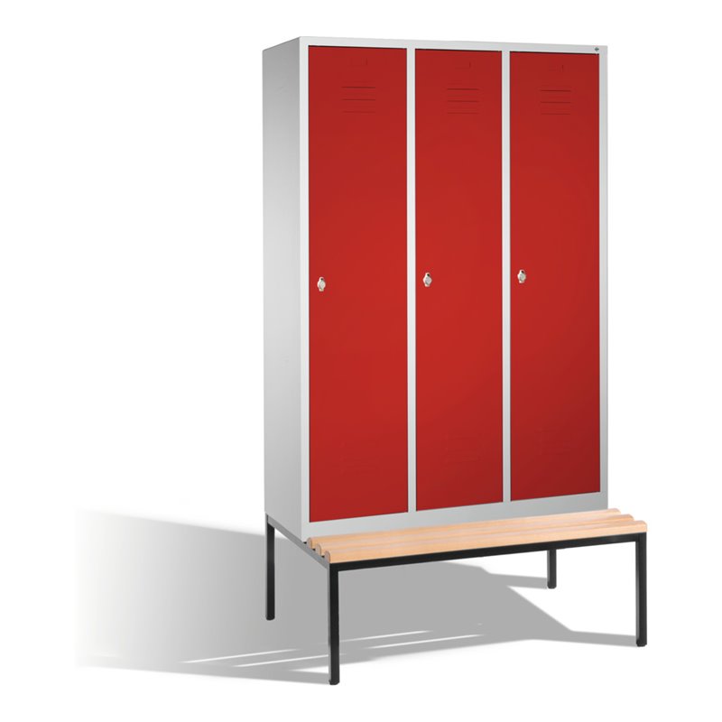 C+P Umkleidespind Classic mit Sitzbank 3 Abteile Front Rubinrot Korpus Lichtgrau