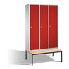 C+P Umkleidespind Classic mit Sitzbank 3 Abteile Front Rubinrot Korpus Lichtgrau
