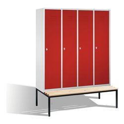 C+P Umkleidespind Classic mit Sitzbank 4 Abteile Front Rubinrot Korpus Lichtgrau