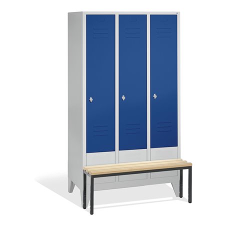 C+P Umkleidespind Classic mit Sitzbank 3 Abteile Front Enzianblau Korpus Lichtgrau