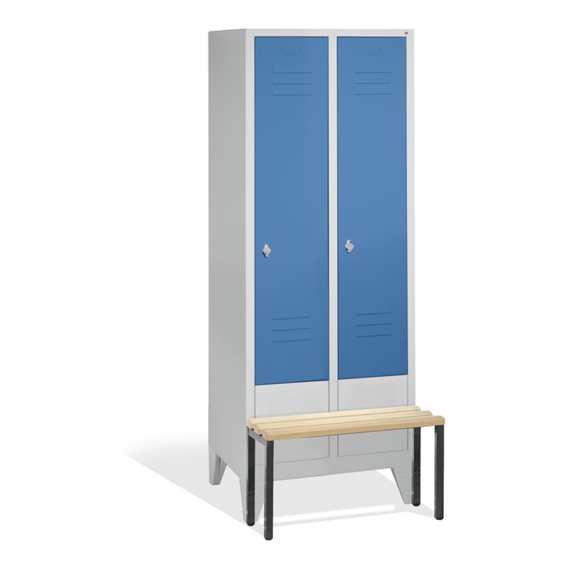 C+P Umkleidespind Classic mit Sitzbank 2 Abteile Front Lichtblau Korpus Lichtgrau