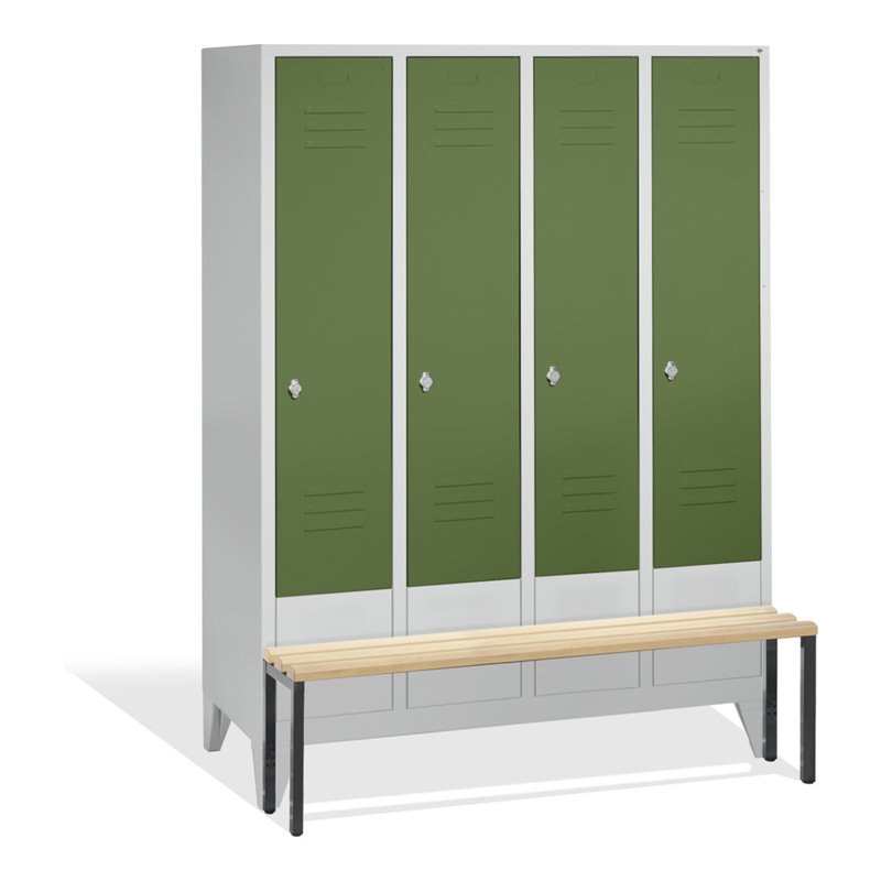 C+P Umkleidespind Classic mit Sitzbank 4 Abteile Front Resedagrün Korpus Lichtgrau