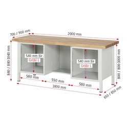Rau Werkbank 8553A2, B2000xH840-1040mm, höhenverstellbar, 4x Schublade-TA, 1x Tür