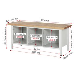 Rau Werkbank 8562A2, B2000xH840-1040mm, höhenverstellbar, 3x Schublade-TA, 2x Tür