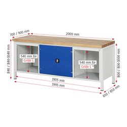 Rau Werkbank 8909A2, B2000xH840-1040mm, höhenverstellbar, 8x Schublade-TA, 1x Tür