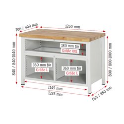 Rau Werkbank 8922A2, H840-1040mm, höhenverstellbar, 5x Schublade-TA, 1x Tür