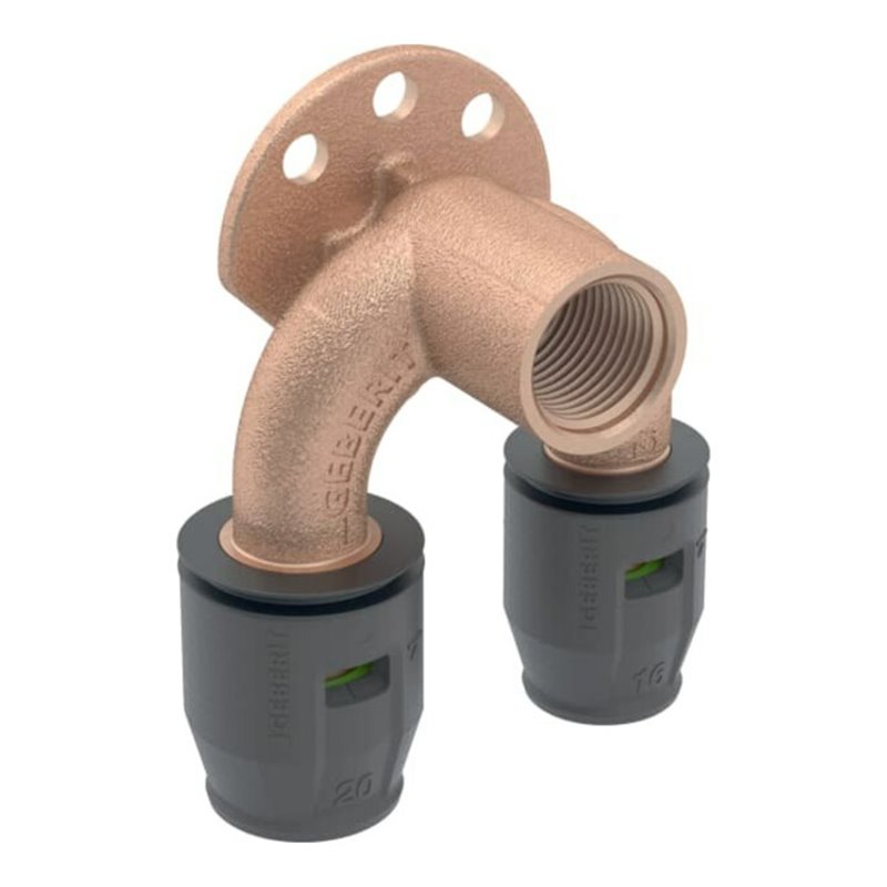 Geberit Doppel-Anschlusswinkel PushFit d 20mmxRp 1/2x20mm, 90Gr, 52mm, Rotguss