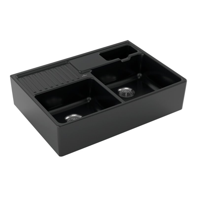 V&B Spülstein-Doppelbecken Restesch., m Abl.garn, Hand., pure black