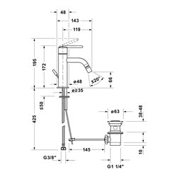 Duravit Bidet-Einhebelmischer Balcoon Ausl. 119mm, m Zugstg. Abl.garn, ch hgl
