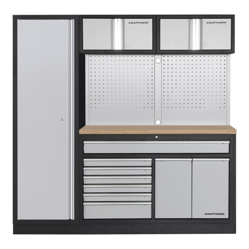 Kraftwerk MOBILIO 2er Kombi breit, Lochwand, 1t Hochschrank, Buche