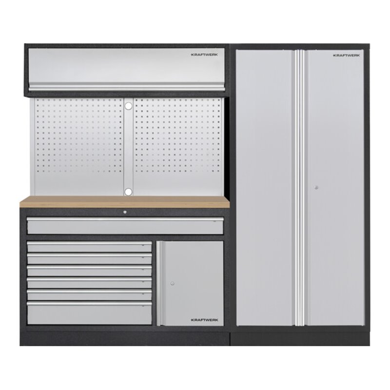 Kraftwerk MOBILIO 2er Kombi breit, Lochwand, 2t Hochschrank, Buche