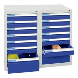 Stumpf Schubladenschrank Serie ESTA, 14 Schubladen enzianblau (12x100, 2x200mm)