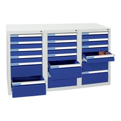 Stumpf Schubladenschrank Serie ESTA, 18 Schubladen enzianblau (12x100, 6x200mm)