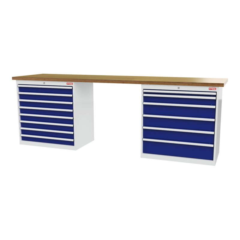 STIER Werkbank BxTxH 2500x600x860 mm mit 2 Schrankgehäusen der Breite 900 mm RAL 7035 / RAL 5010