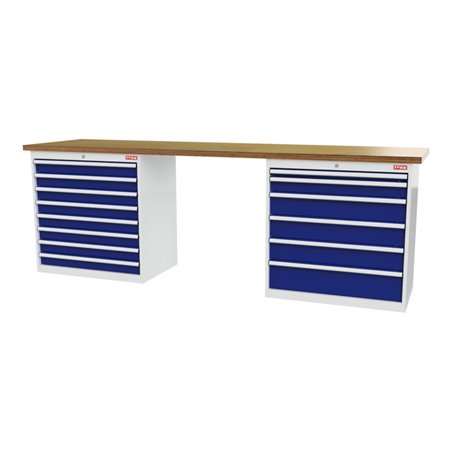 STIER Werkbank BxTxH 2500x600x860 mm mit 2 Schrankgehäusen der Breite 900 mm RAL 7035 / RAL 5010