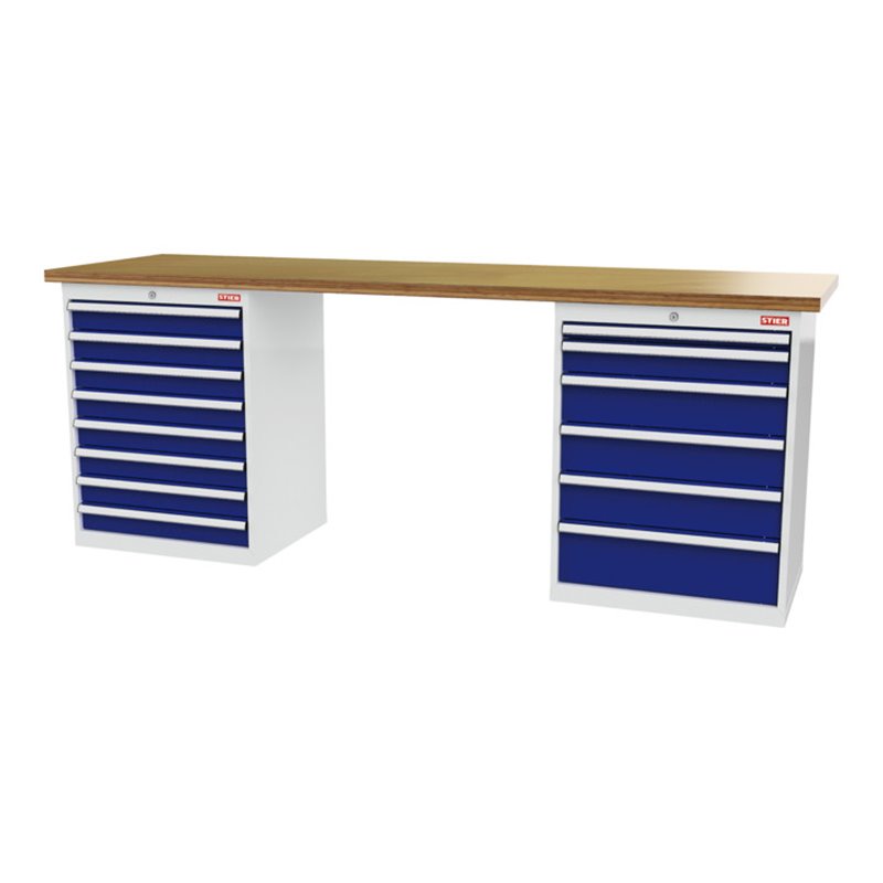 STIER Werkbank BxTxH 2500x600x860 mm mit 2 Schrankgehäusen der Breite 700 mm RAL 7035 / RAL 5010