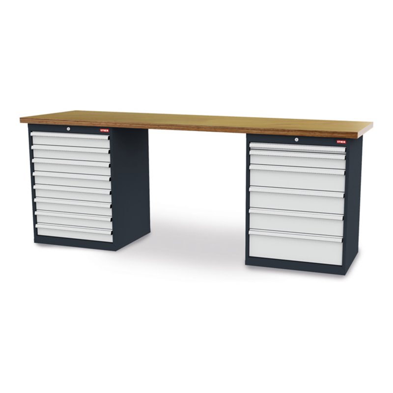 STIER Werkbank BxTxH 2500x600x1060 mm mit 2 Schrankgehäusen der Breite 700 mm RAL 7016 / RAL 7035
