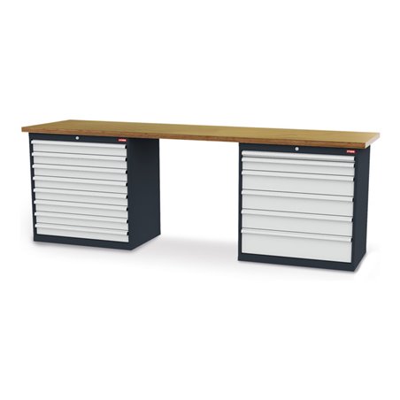 STIER Werkbank BxTxH 2500x600x860 mm mit 2 Schrankgehäusen der Breite 900 mm RAL 7016 / RAL 7035