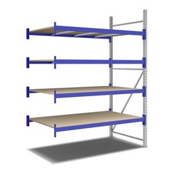 Bito Weitspannregal Set / F2 Anbaufeld 4 Ebenen H2500xT1100xB1800 mm, Spanplatte enzianblau