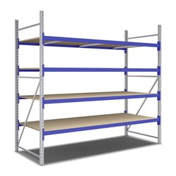 Bito Weitspannregal Set / F2 Grundfeld 4 Ebenen H2500xT1100xB2700 mm, Spanplatte enzianblau