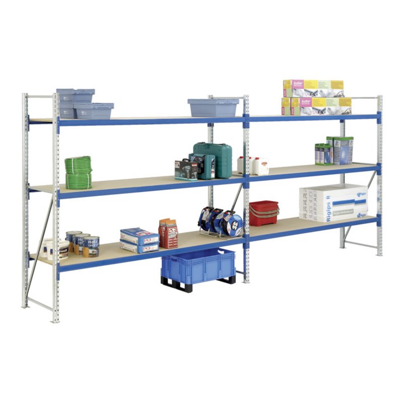 Bito Weitspannregal Set / F2 Grundfeld 4 Ebenen H2500xT800xB1800 mm, Spanplatte enzianblau