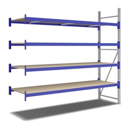 Bito Weitspannregal Set / F2 Anbaufeld 4 Ebenen H2500xT800xB2700 mm, Spanplatte enzianblau