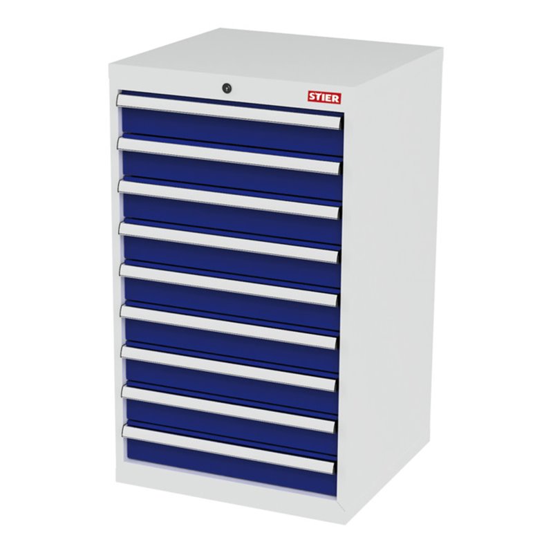 STIER Schubladenschrank mit 9 Schubladen BxTxH 600x575x1020 mm lichtgrau/enzianblau
