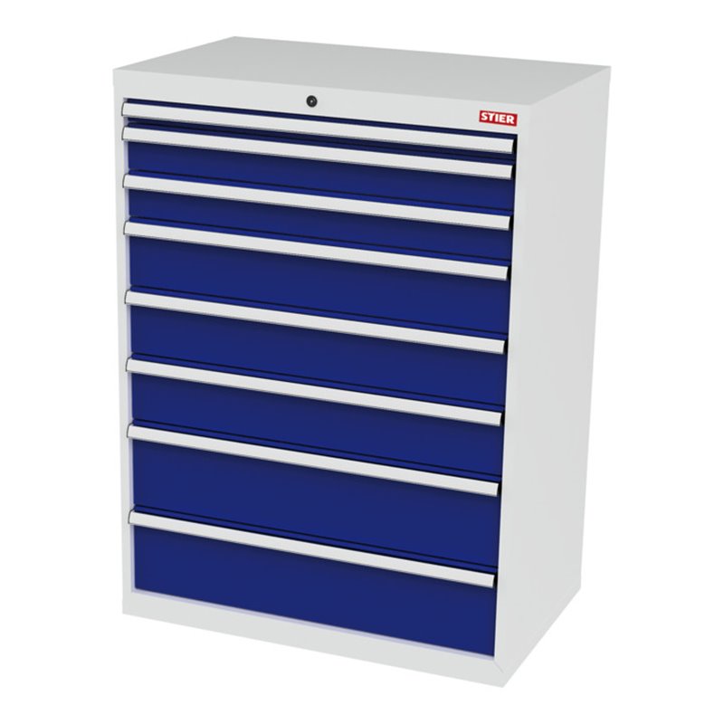 STIER Schubladenschrank mit 8 Schubladen BxTxH 900x575x1220 mm lichtgrau/enzianblau