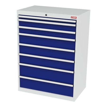 STIER Schubladenschrank mit 8 Schubladen BxTxH 900x575x1220 mm lichtgrau/enzianblau