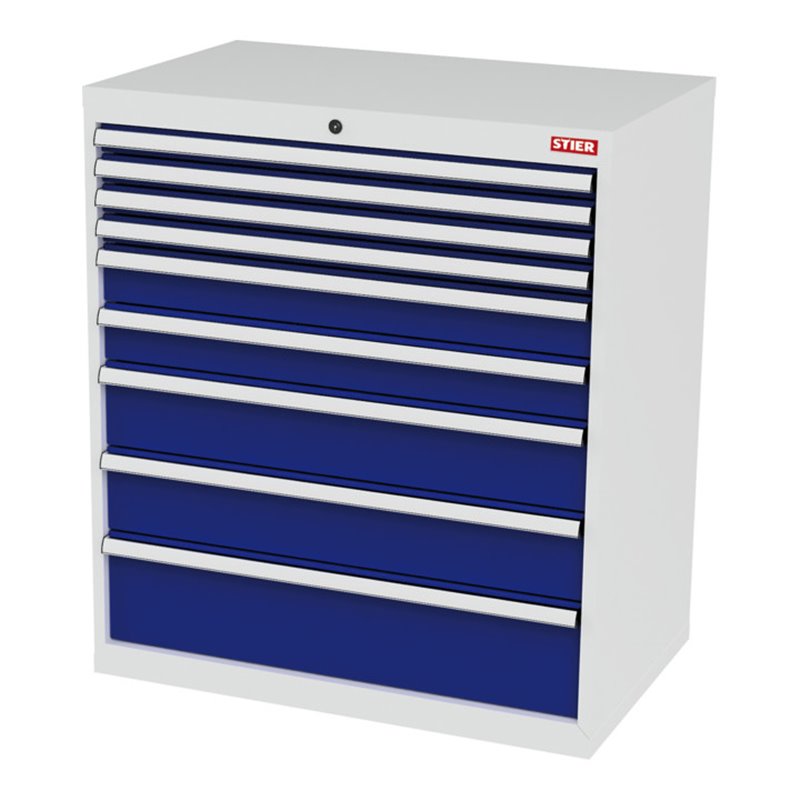 STIER Schubladenschrank mit 9 Schubladen BxTxH 900x575x1020 mm lichtgrau/enzianblau