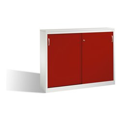 C+P Akten-Sideboard Acurado mit Schiebetüren, 2 x 3 Ordnerhöhen, H1200xB1600xT400mm Front Rubinrot Korpus Lichtgrau