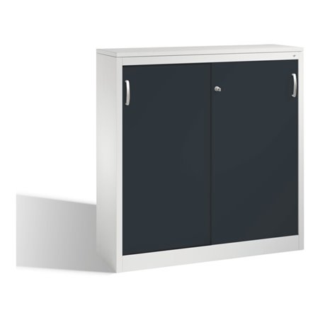 C+P Akten-Sideboard Acurado mit Schiebetüren, 3 Ordnerhöhen, H1200xB1200xT400mm Front Schwarzgrau Korpus Lichtgrau