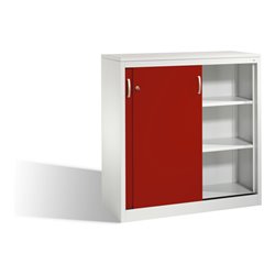 C+P Akten-Sideboard Acurado mit Schiebetüren, 3 Ordnerhöhen, H1200xB1200xT500mm Front Rubinrot Korpus Lichtgrau