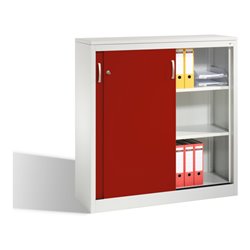 C+P Akten-Sideboard Acurado mit Schiebetüren, 3 Ordnerhöhen, H1200xB1200xT400mm Front Rubinrot Korpus Lichtgrau