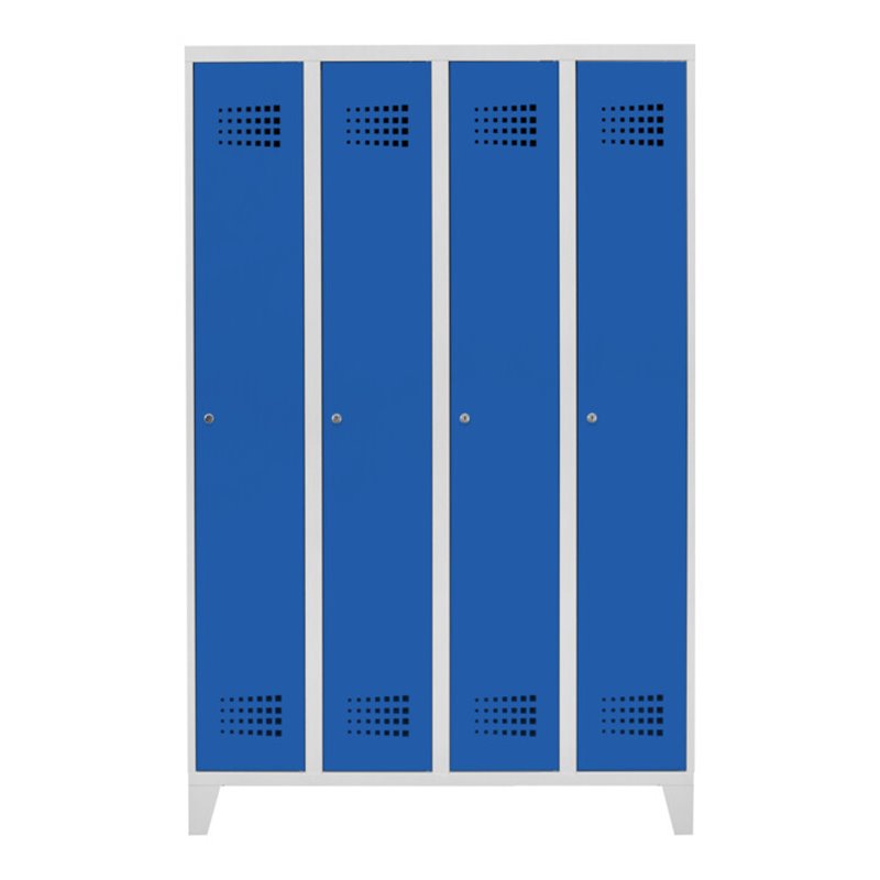 STIER Garderobenspind Premium mit Füßen 4 Abteile Zylinderschloss lichtgrau/enzianblau