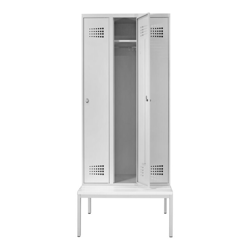 STIER Garderobenspind Premium mit Sitzbankuntergestell 3 Abteile Drehriegel lichtgrau