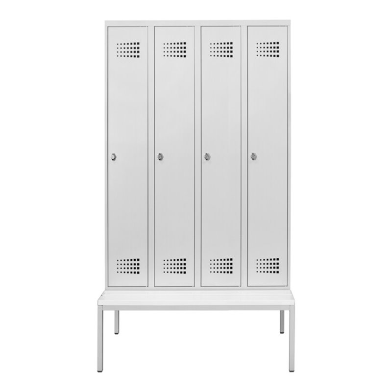 STIER Garderobenspind Premium mit Sitzbankuntergestell 4 Abteile Drehriegel lichtgrau