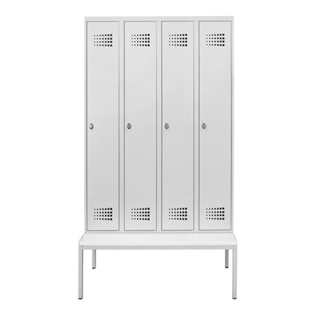 STIER Garderobenspind Premium mit Sitzbankuntergestell 4 Abteile Drehriegel lichtgrau