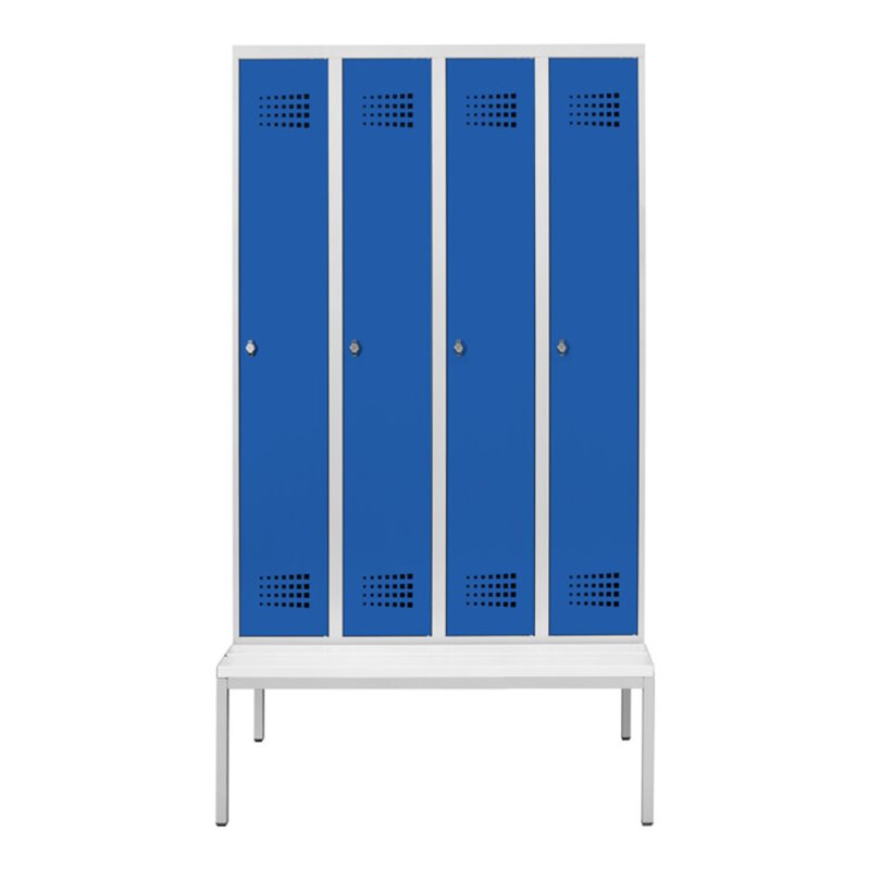 STIER Garderobenspind Premium mit Sitzbankuntergestell 4 Abteile Drehriegel lichtgrau/enzianblau