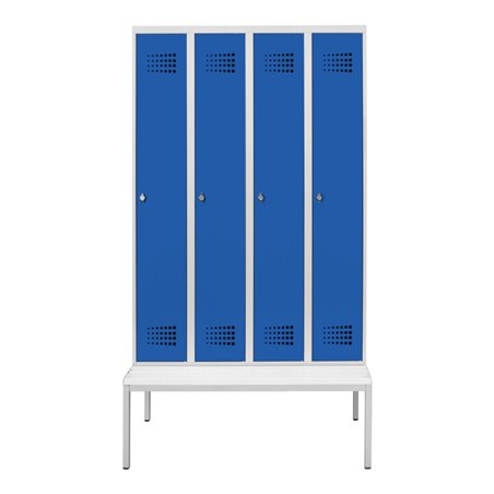 STIER Garderobenspind Premium mit Sitzbankuntergestell 4 Abteile Drehriegel lichtgrau/enzianblau