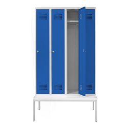 STIER Garderobenspind Premium mit Sitzbankuntergestell 4 Abteile Drehriegel lichtgrau/enzianblau