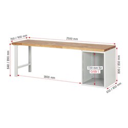 Rau Werkbank 7502A1, B2500xT700xH890mm, 1x Schublade-TA, 1x Tür