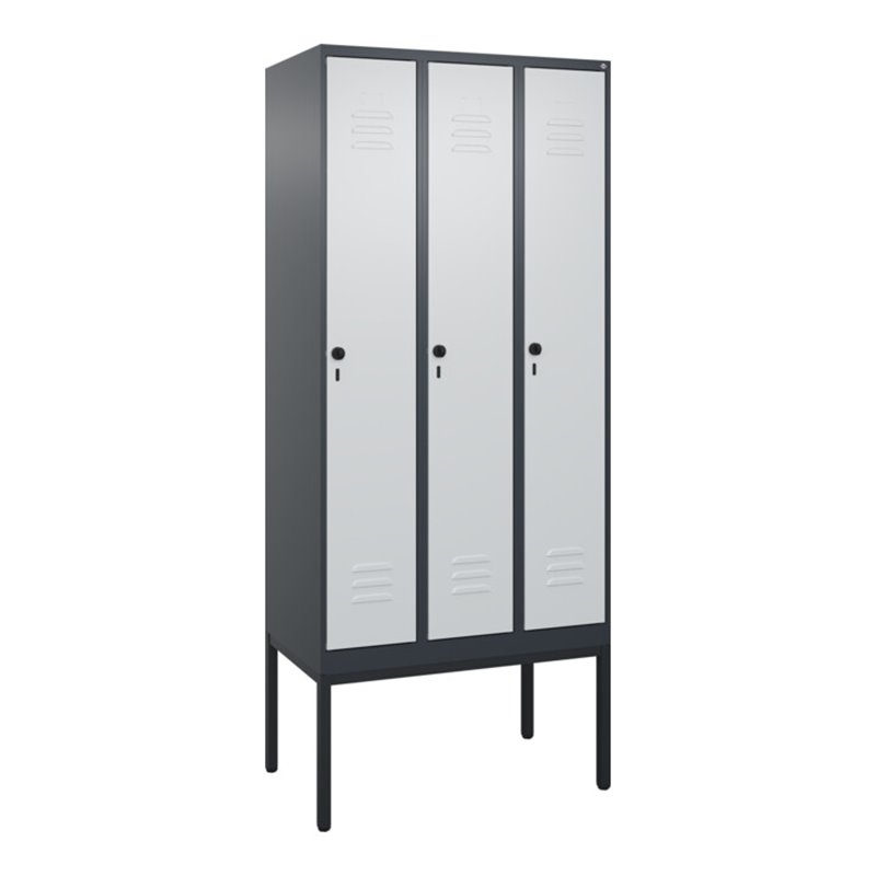 C+P Spind Classic PLUS, Gestell, 3 Abteile, 2120x900x500mm, 7016/7035 Verschluss Sicherheits-Drehriegel 4 Garderobenhaken Trennw