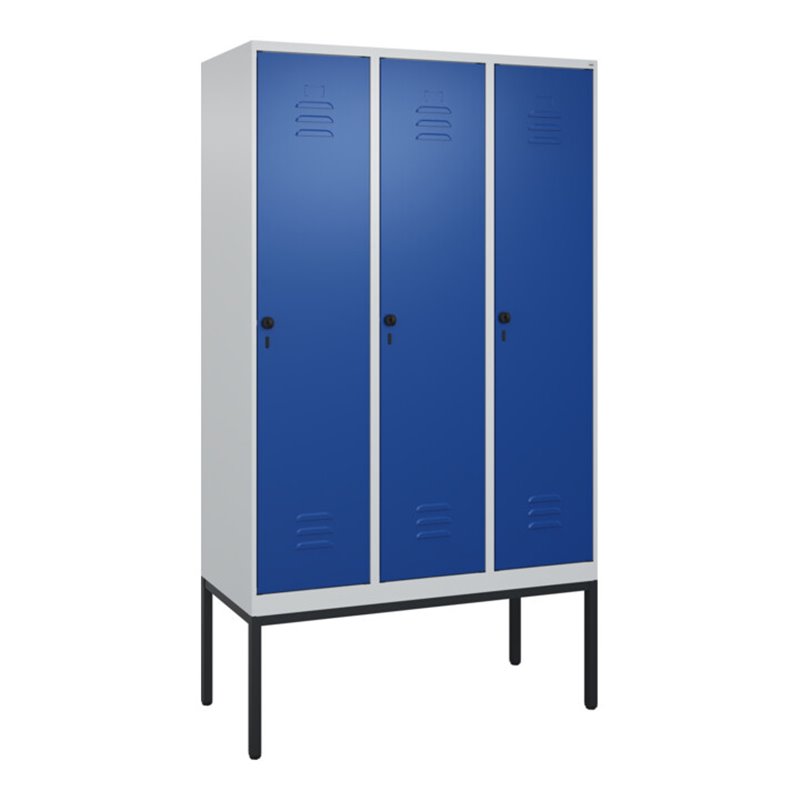 C+P Spind Classic PLUS, Gestell, 3 Abteile, 2120x1200x500mm, 7035/5010 Verschluss Sicherheits-Drehriegel 4 Garderobenhaken Trenn