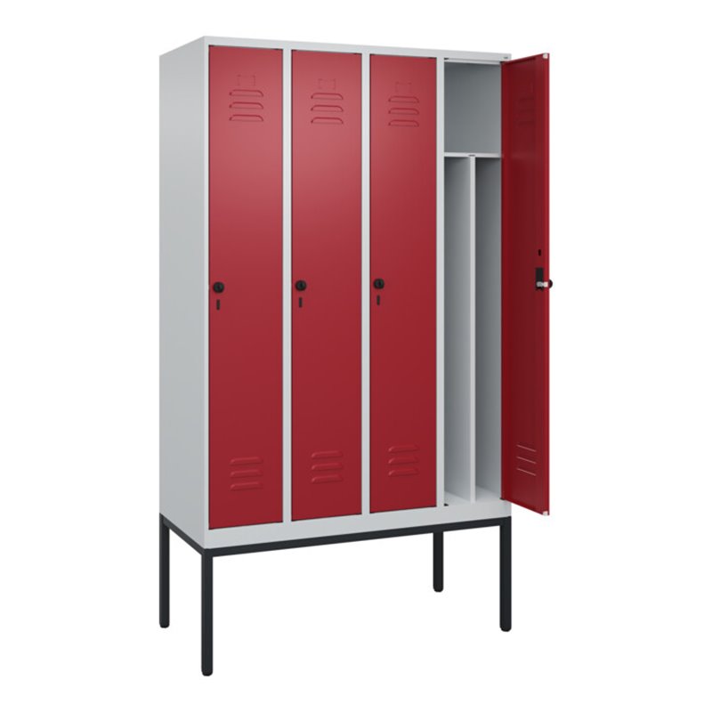 C+P Spind Classic PLUS, Gestell, 4 Abteile, 2120x1200x500mm, 7035/3003 Verschluss Sicherheits-Drehriegel 4 Garderobenhaken Trenn