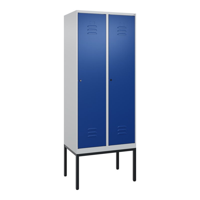 C+P Spind Classic PLUS, Gestell, 2 Abteile, 2120x800x500mm, 7035/5010 Verschluss Zylinderschloss 4 Garderobenhaken Trennwand mit