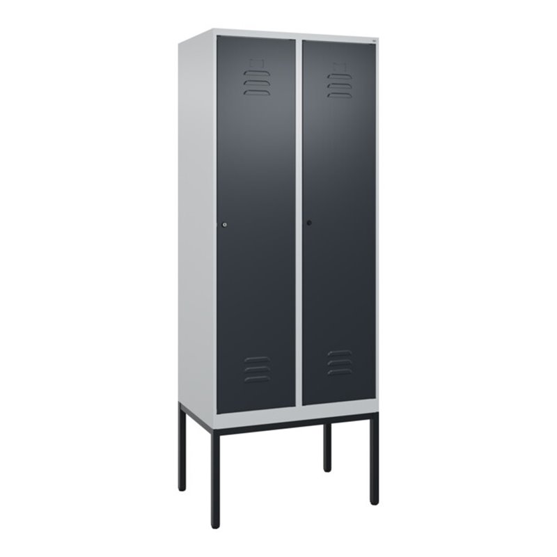 C+P Spind Classic PLUS, Gestell, 2 Abteile, 2120x800x500mm, 7035/7016 Verschluss Zylinderschloss 4 Garderobenhaken Trennwand mit